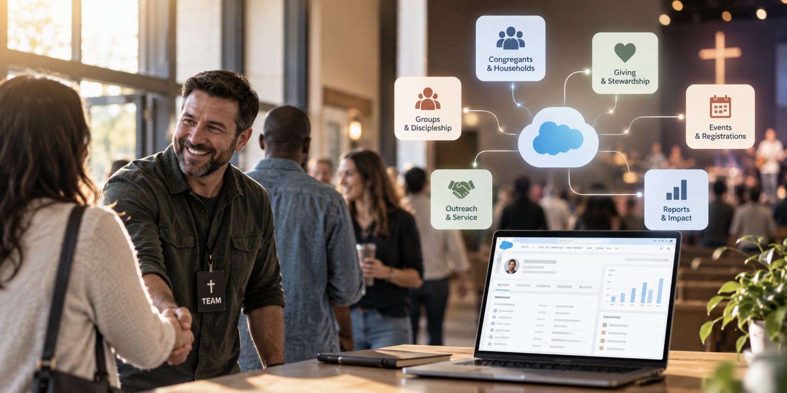Church greeter welcoming a guest, with a faith-based CRM open on a laptop