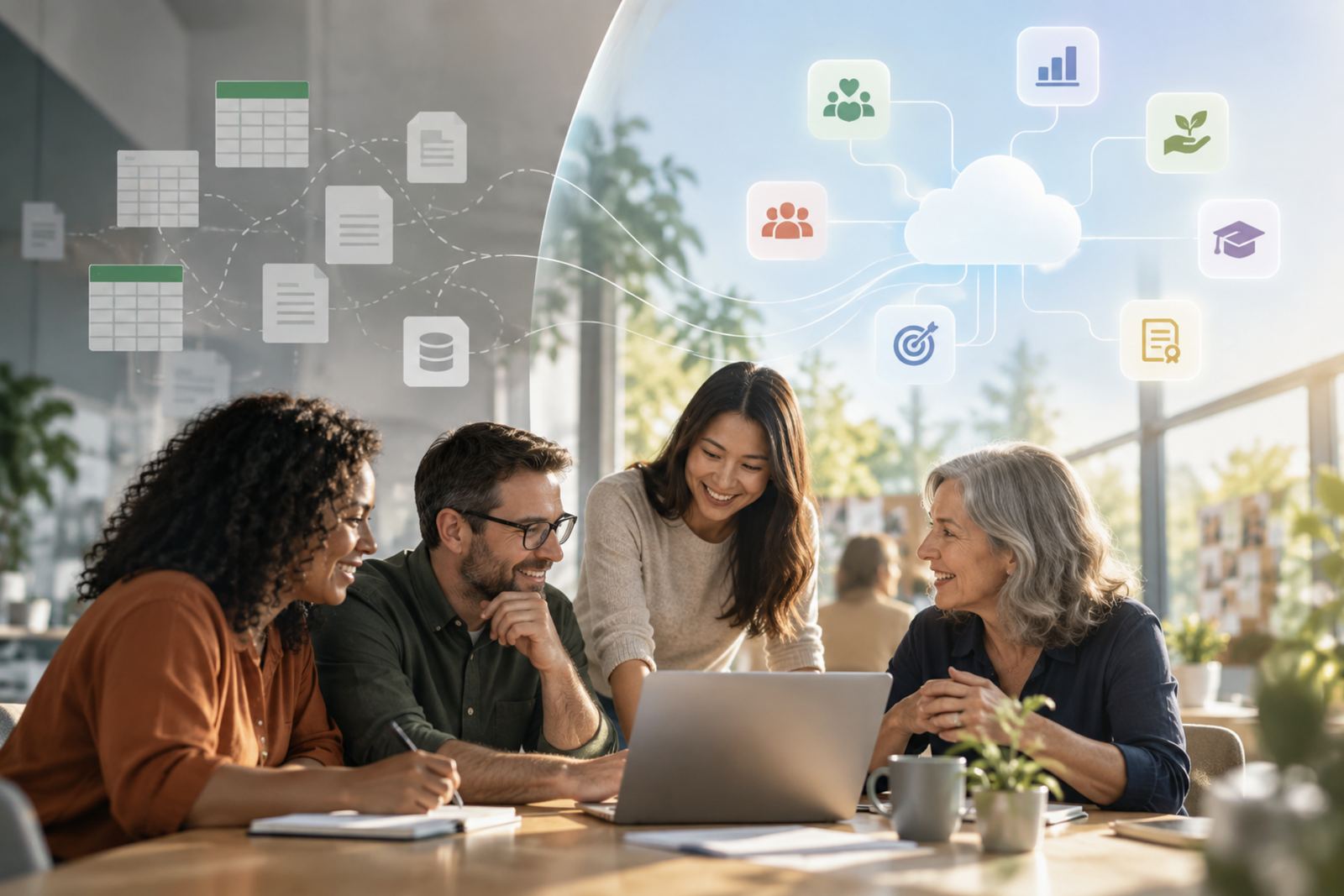 Nonprofit team planning a Salesforce Nonprofit Cloud migration around a laptop