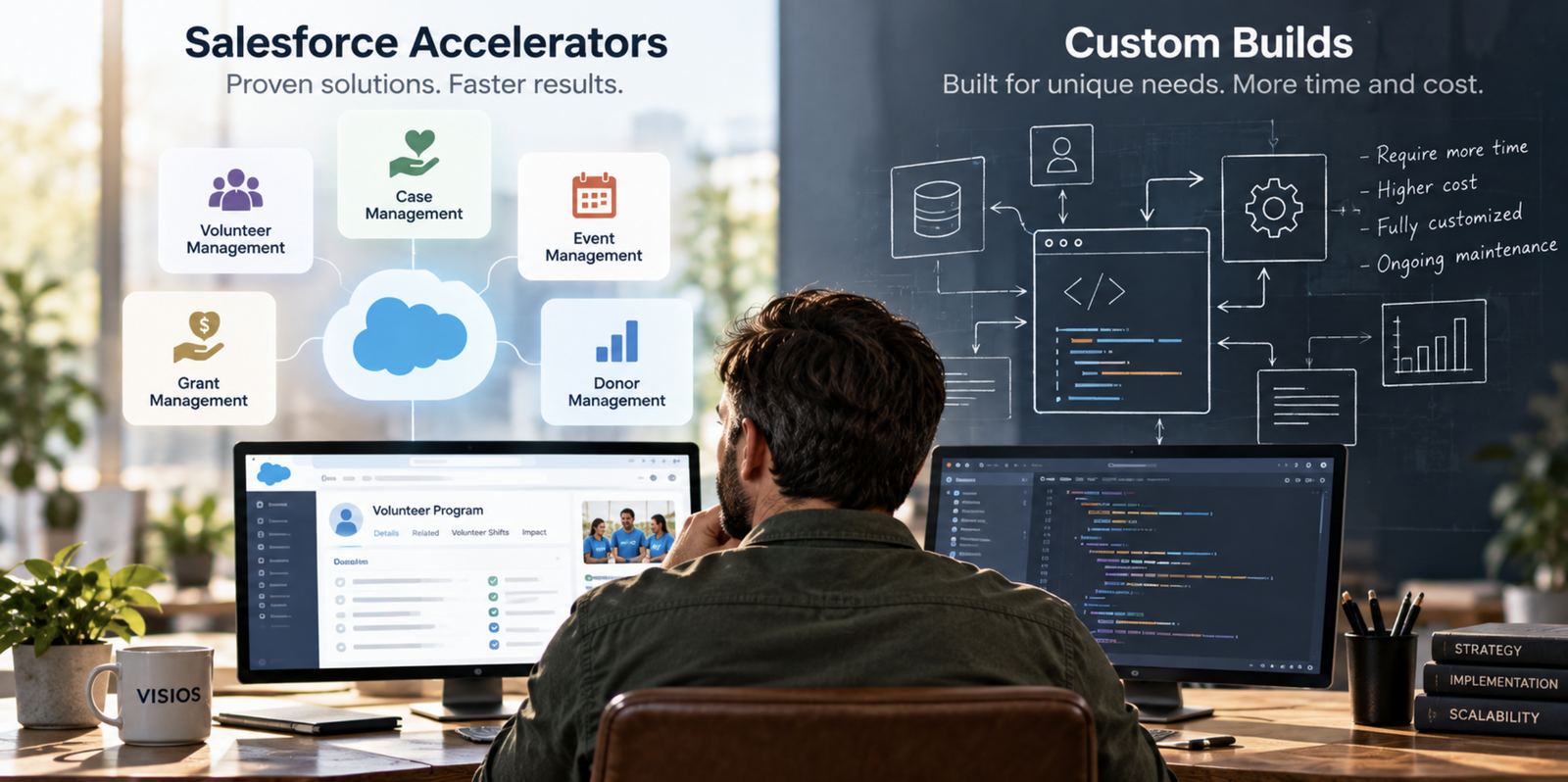 Developer comparing Salesforce accelerators with a custom build on two screens