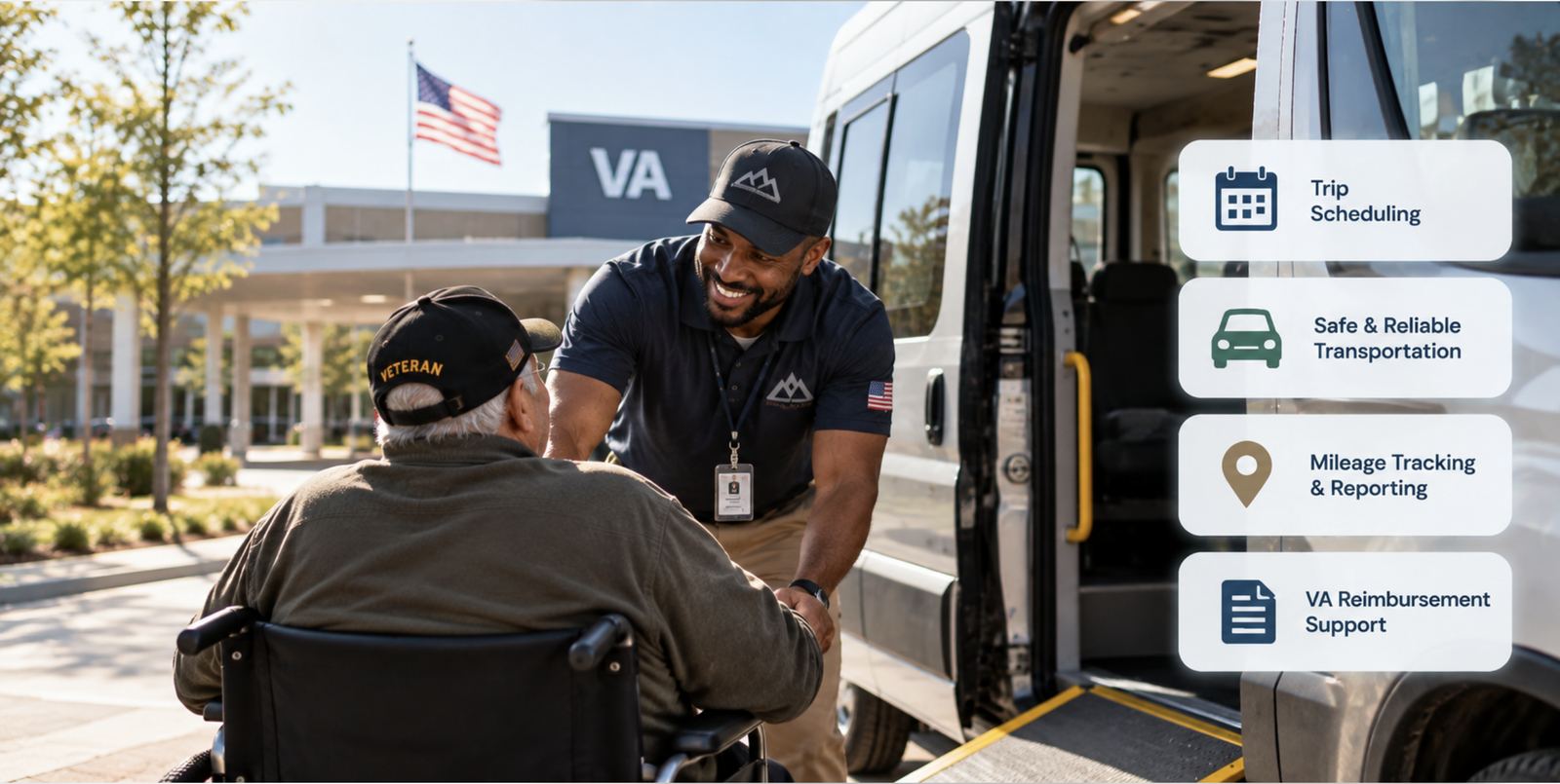 Driver helping a veteran into a wheelchair-accessible van outside a VA medical center, part of a Samsara Salesforce integration for veteran transportation