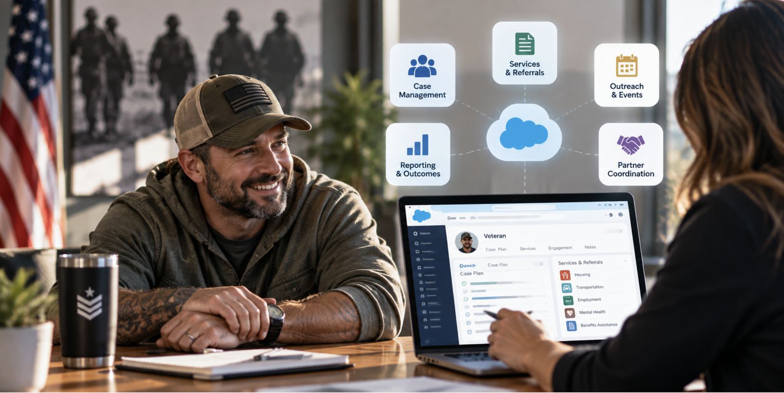 Veteran meeting with a case manager who is using veteran case management software